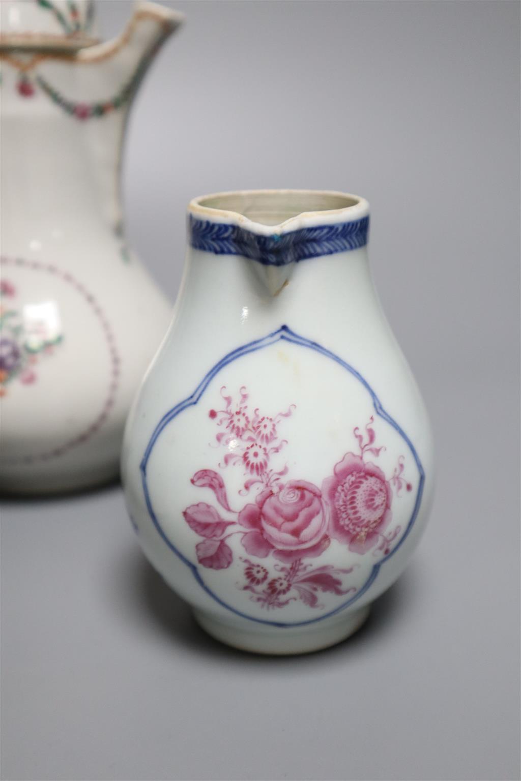 A Chinese export famille rose sparrowbeak jug, a ewer and cover and a mandarin pattern pot, tallest 17.5cm